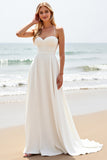 Simple White Satin Sweep Train Spaghetti Straps Boho Wedding Dress
