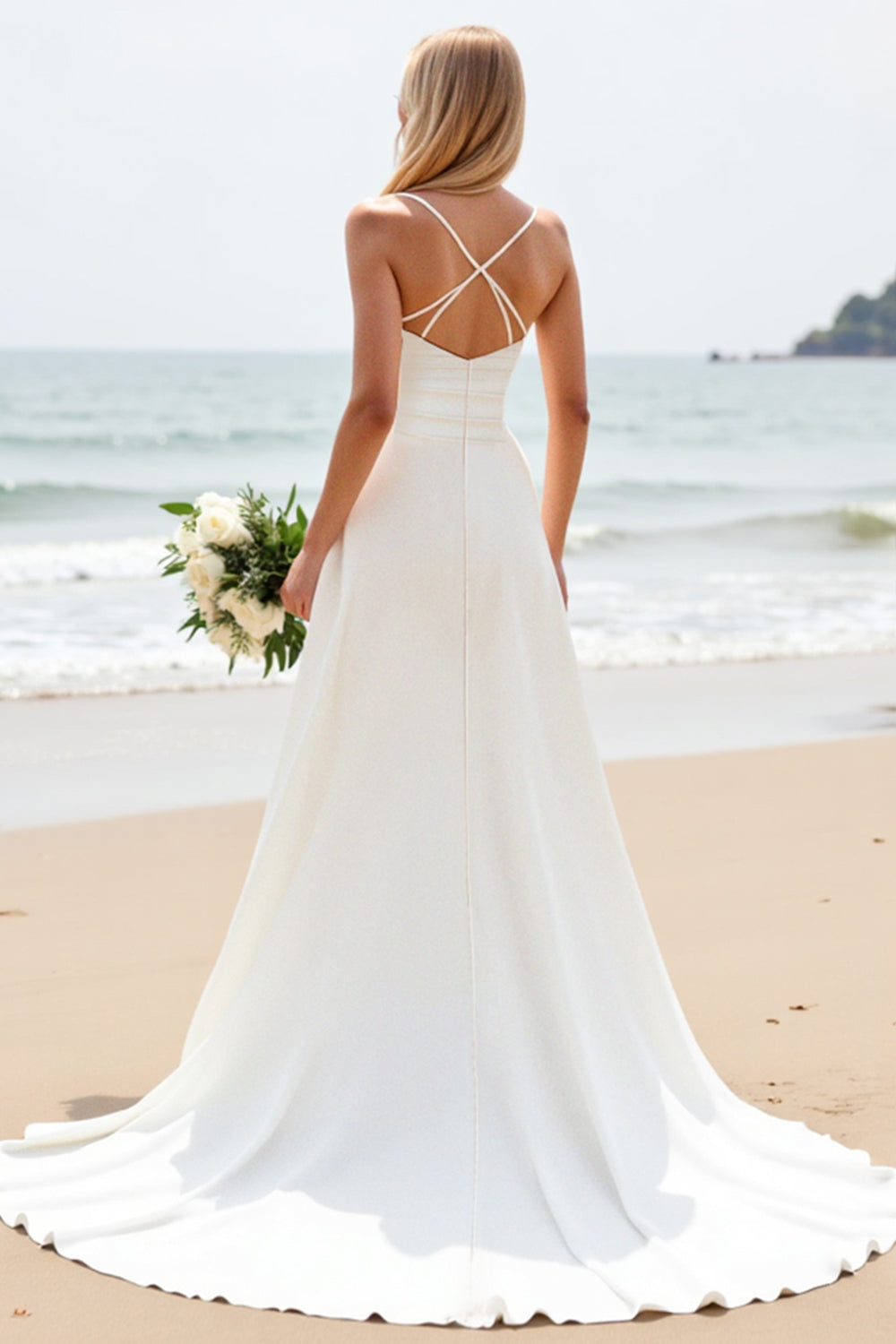 Simple White Satin Sweep Train Spaghetti Straps Boho Wedding Dress