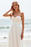 Simple White Satin Sweep Train Spaghetti Straps Boho Wedding Dress