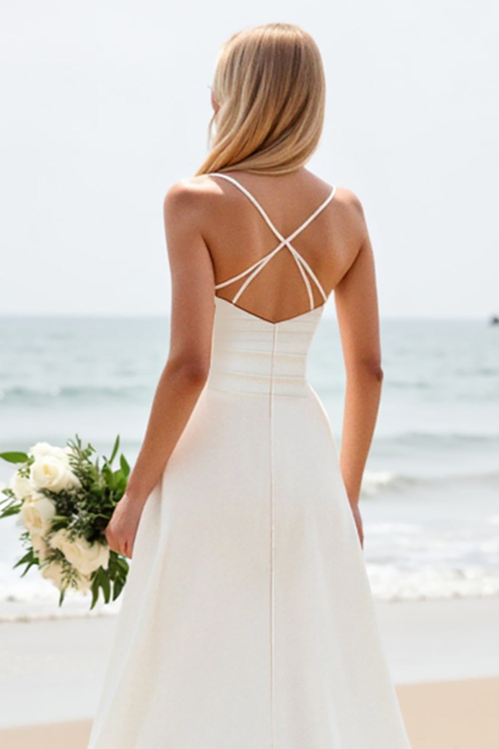 Simple White Satin Sweep Train Spaghetti Straps Boho Wedding Dress