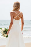 Simple White Satin Sweep Train Spaghetti Straps Boho Wedding Dress