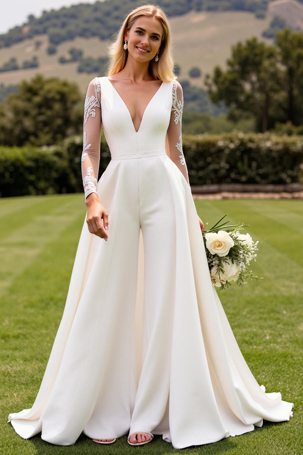 Ivory Satin Sweep Train V Neck Wedding Jumpsuits with Lace