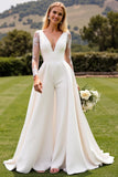 Ivory Satin Sweep Train V Neck Wedding Jumpsuits with Lace