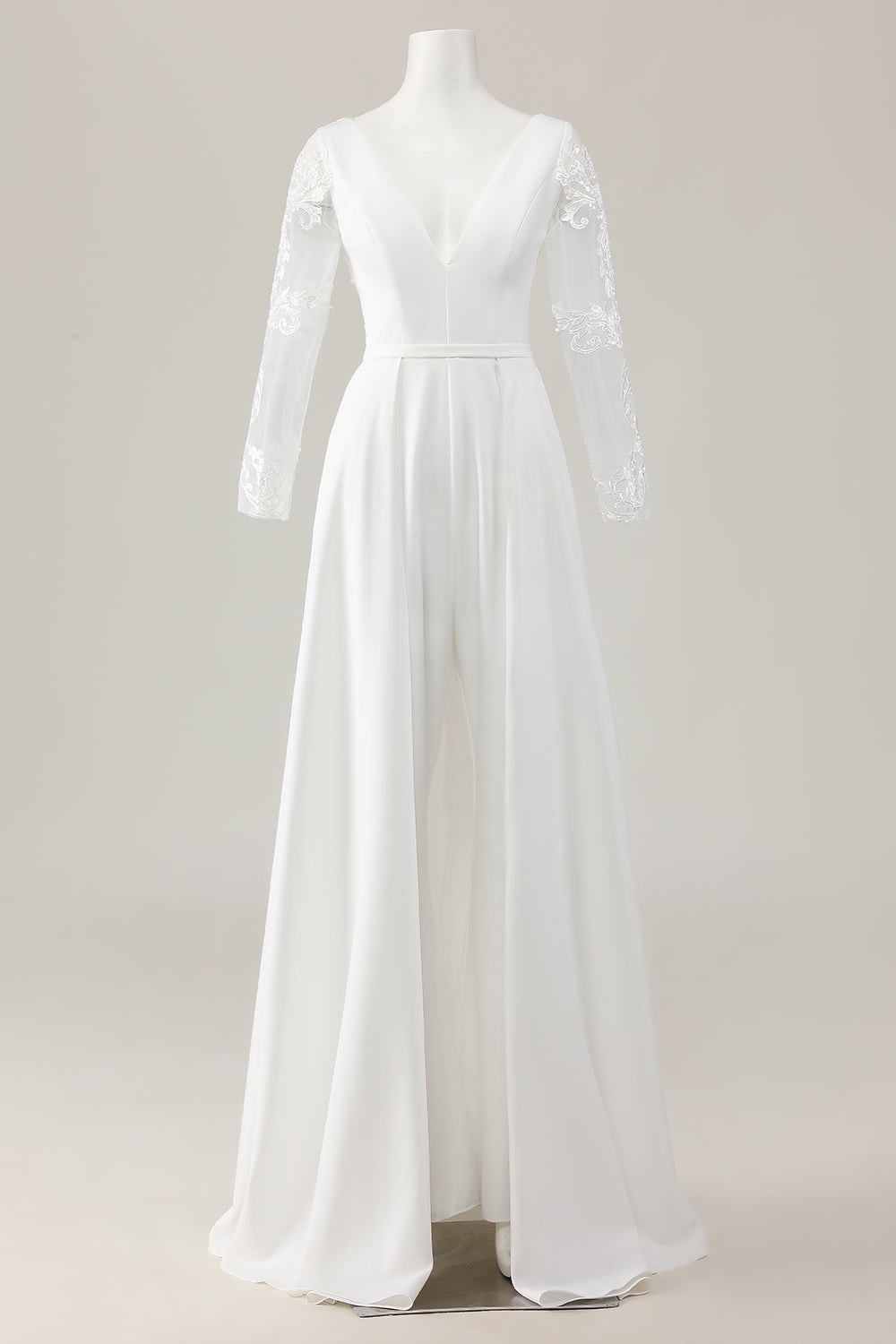 Ivory Sweep Train V Neck Satin Wedding Jumpsuits with Lace