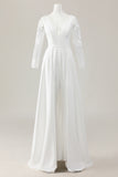 Ivory Sweep Train V Neck Satin Wedding Jumpsuits with Lace