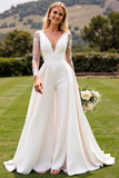 Ivory Sweep Train V Neck Satin Wedding Jumpsuits with Lace