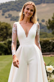 Ivory Satin Sweep Train V Neck Wedding Jumpsuits with Lace