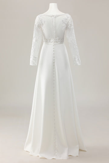 Ivory Sweep Train V Neck Satin Wedding Jumpsuits with Lace