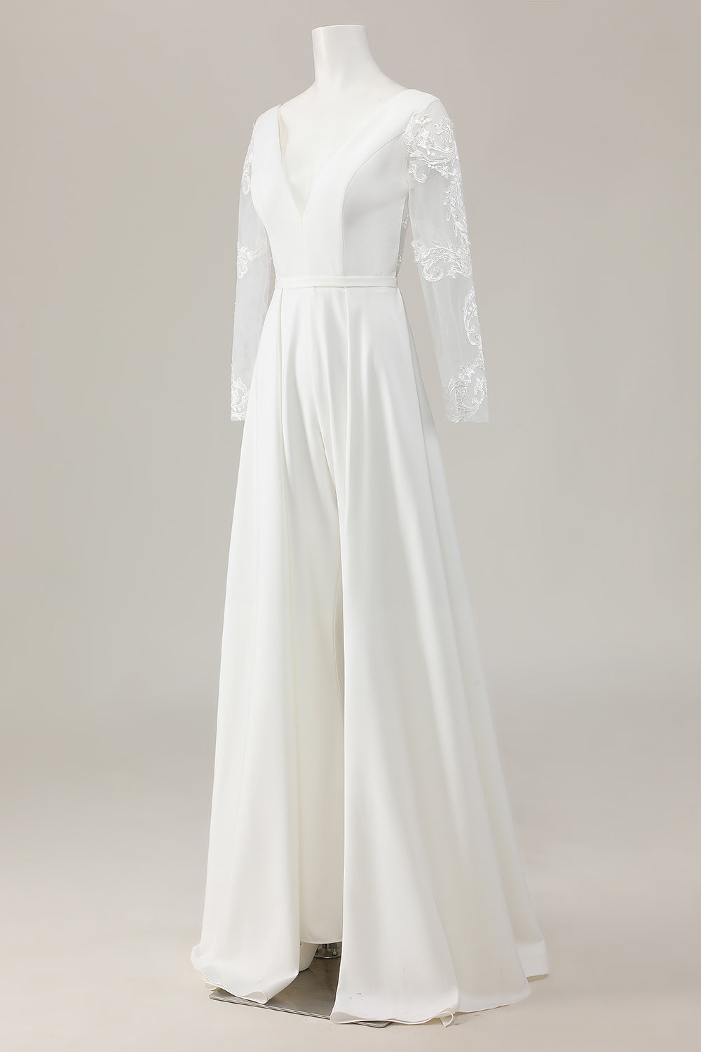Ivory Sweep Train V Neck Satin Wedding Jumpsuits with Lace
