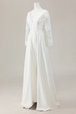Ivory Sweep Train V Neck Satin Wedding Jumpsuits with Lace