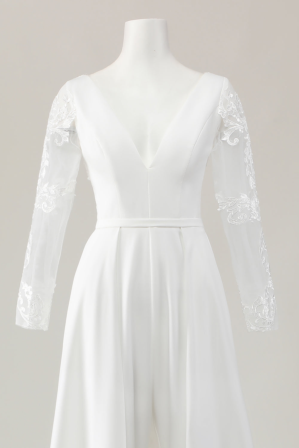 Ivory Sweep Train V Neck Satin Wedding Jumpsuits with Lace