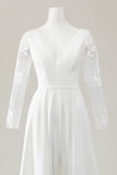 Ivory Sweep Train V Neck Satin Wedding Jumpsuits with Lace