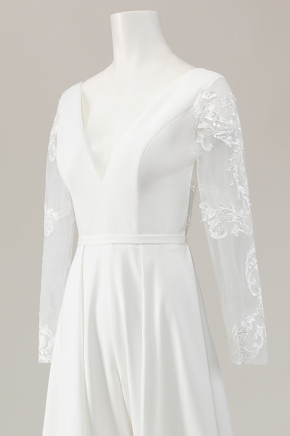 Ivory Sweep Train V Neck Satin Wedding Jumpsuits with Lace