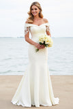 Ivory Satin Sweep Train Off the Shoulder Mermaid Wedding Dress with Lace