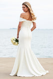 Ivory Satin Sweep Train Off the Shoulder Mermaid Wedding Dress with Lace