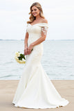 Ivory Satin Sweep Train Off the Shoulder Mermaid Wedding Dress with Lace