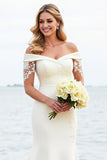 Ivory Satin Sweep Train Off the Shoulder Mermaid Wedding Dress with Lace