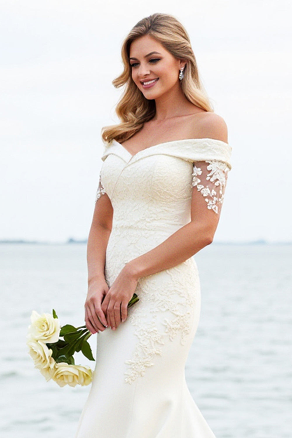 Ivory Satin Sweep Train Off the Shoulder Mermaid Wedding Dress with Lace