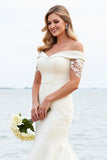 Ivory Satin Sweep Train Off the Shoulder Mermaid Wedding Dress with Lace