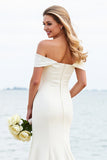 Ivory Satin Sweep Train Off the Shoulder Mermaid Wedding Dress with Lace