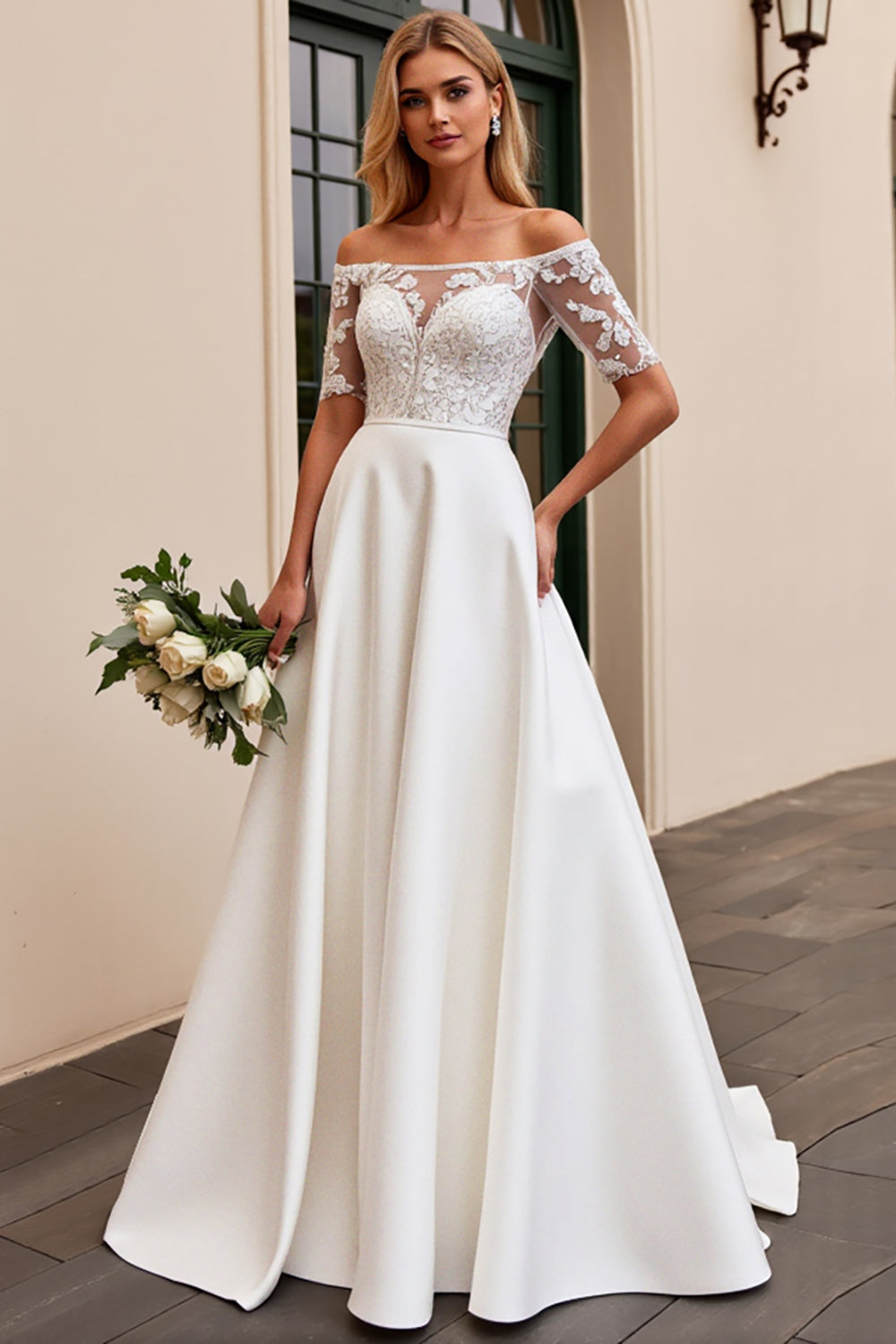 Ivory A Line Off The Shoulder Lace Floor-Length Wedding Dress
