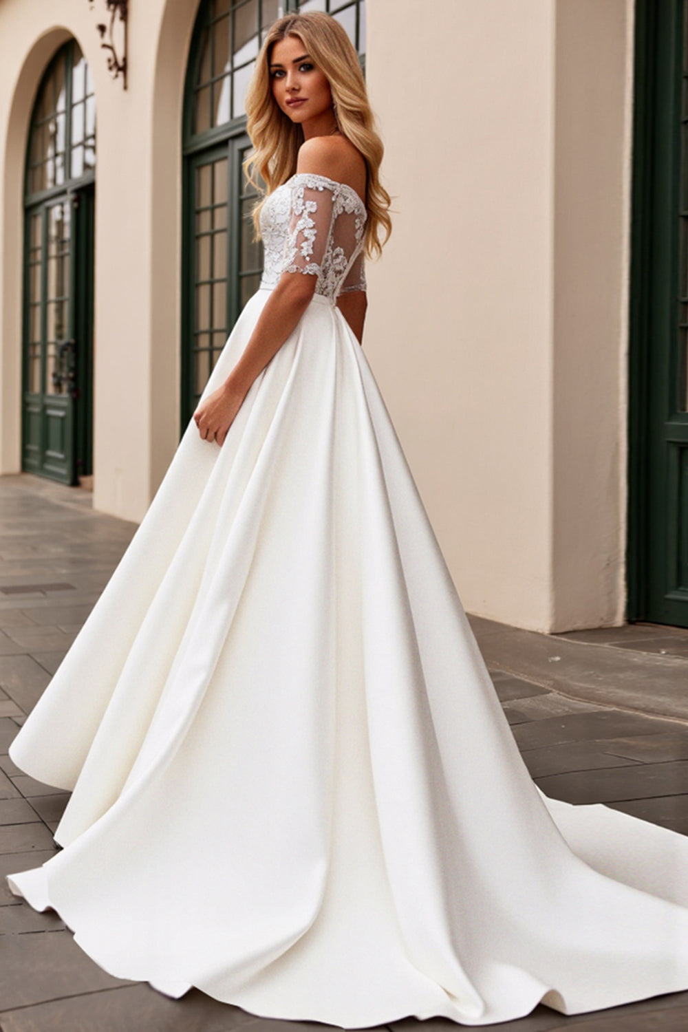 Ivory A Line Off The Shoulder Lace Floor-Length Wedding Dress