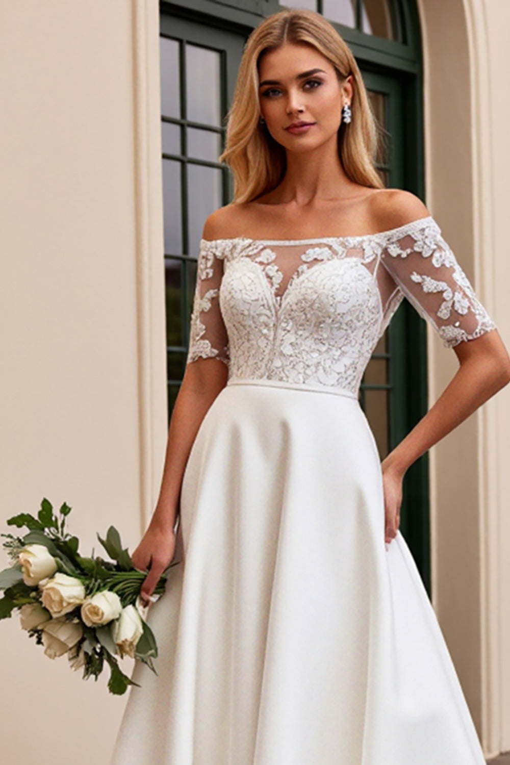 Ivory A Line Off The Shoulder Lace Floor-Length Wedding Dress
