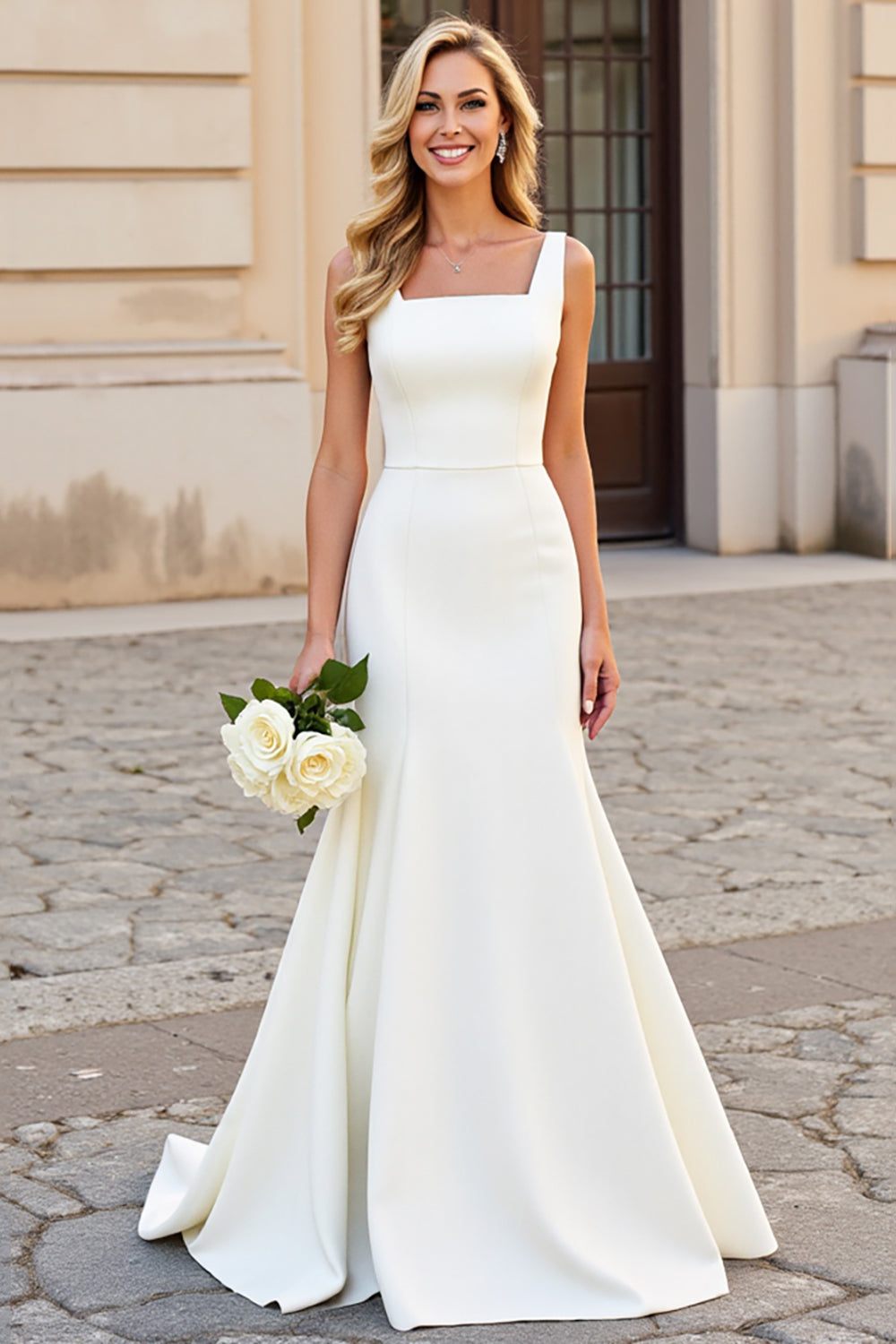 Simple Ivory Satin Square Neck Sweep Train Mermaid Wedding Dress