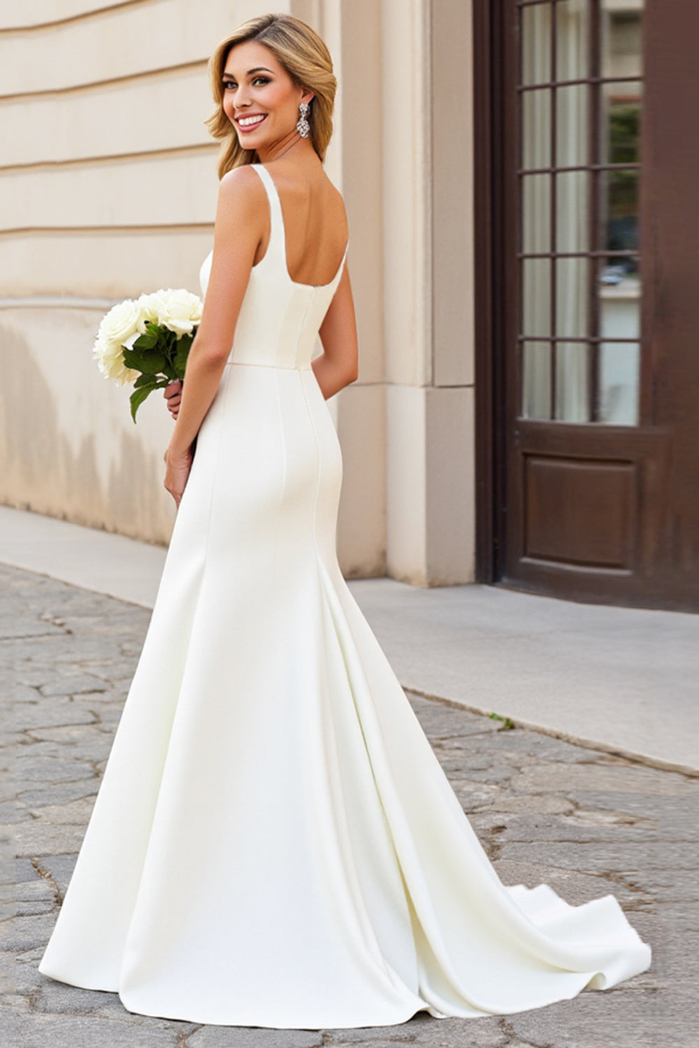 Simple Ivory Satin Square Neck Sweep Train Mermaid Wedding Dress