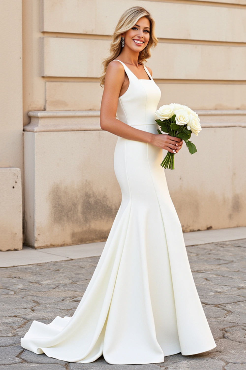 Simple Ivory Satin Square Neck Sweep Train Mermaid Wedding Dress