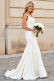 Simple Ivory Satin Square Neck Sweep Train Mermaid Wedding Dress