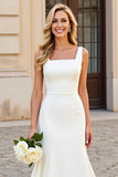 Simple Ivory Satin Square Neck Sweep Train Mermaid Wedding Dress