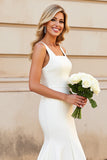 Simple Ivory Satin Square Neck Sweep Train Mermaid Wedding Dress