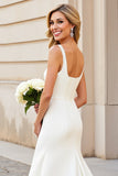 Simple Ivory Satin Square Neck Sweep Train Mermaid Wedding Dress