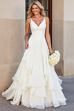 Ivory Chiffon Spaghetti Straps Floor Length Ruffled Boho Wedding Dress