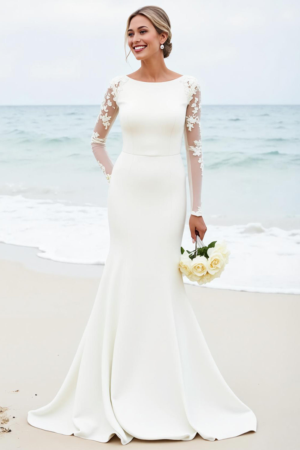 Ivory Satin Boat Neck Sweep Train Mermaid Wedding Dress with Lace