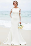 Ivory Satin Boat Neck Sweep Train Mermaid Wedding Dress with Lace