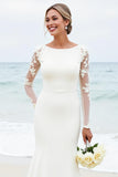 Ivory Satin Boat Neck Sweep Train Mermaid Wedding Dress with Lace
