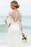 Ivory Satin Boat Neck Sweep Train Mermaid Wedding Dress with Lace