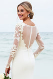Ivory Satin Boat Neck Sweep Train Mermaid Wedding Dress with Lace