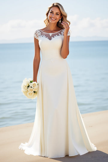 Ivory Illusion Boat Neck Sweep Train Boho Wedding Dress with Lace