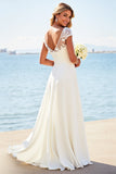 Ivory Illusion Boat Neck Sweep Train Boho Wedding Dress with Lace