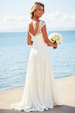 Ivory Illusion Boat Neck Sweep Train Boho Wedding Dress with Lace