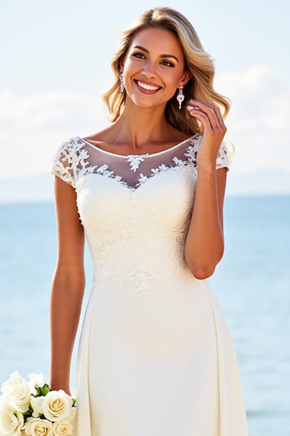 Ivory Illusion Boat Neck Sweep Train Boho Wedding Dress with Lace