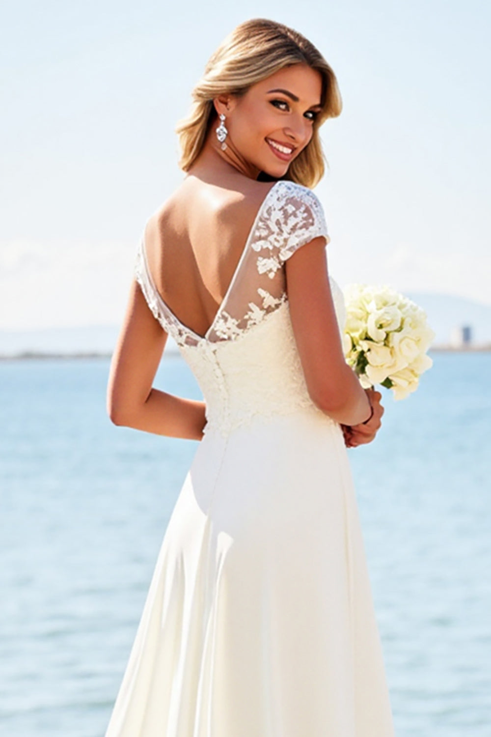 Ivory Illusion Boat Neck Sweep Train Boho Wedding Dress with Lace