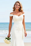 White Satin Off the Shoulder Sweep Train Mermaid Wedding Dress with Appliques