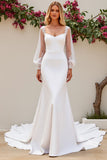 Ivory Satin Scoop Neck Sweep Train Mermaid Wedding Dress with Lace
