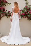 Ivory Satin Scoop Neck Sweep Train Mermaid Wedding Dress with Lace