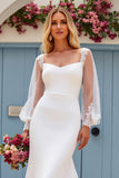 Ivory Satin Scoop Neck Sweep Train Mermaid Wedding Dress with Lace