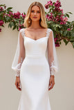 Ivory Satin Scoop Neck Sweep Train Mermaid Wedding Dress with Lace